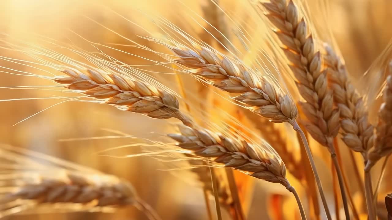 Close-up video of golden wheat in a field, captured from a low angle