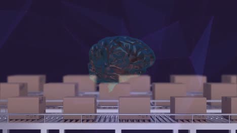 Animation-of-digital-brain-and-shapes-over-boxes-on-conveyor-belt