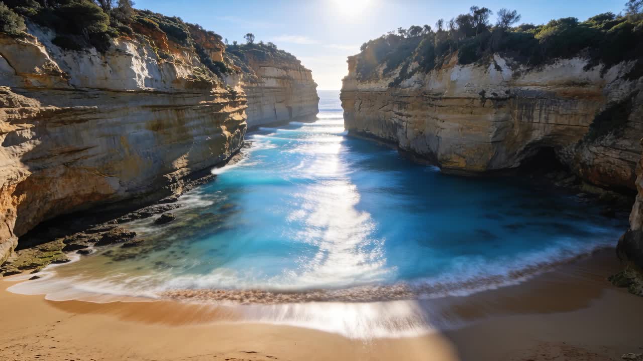 Ondulação empurrando água turquesa e arrebentação branca para uma praia em formato de crescente entre falésias de arenito, com o sol cintilando.