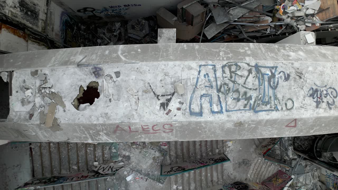 Aerial Birds Eye Flying Over Abandoned Broken Building