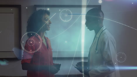animation of network of connections over diverse female and male medics