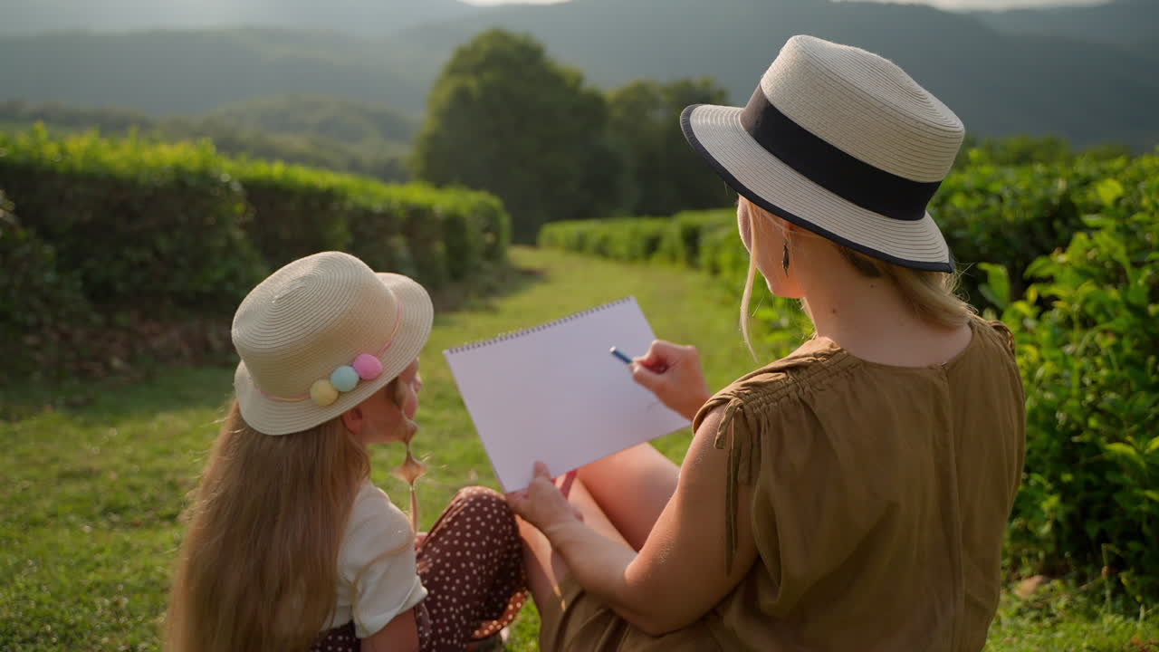 мать и дочь рисуют на чайной плантации