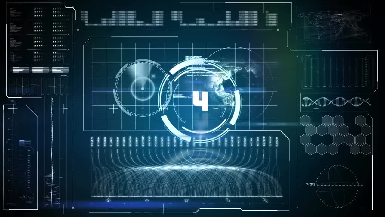 Animation of scope scanning with countdown over data processing on black background