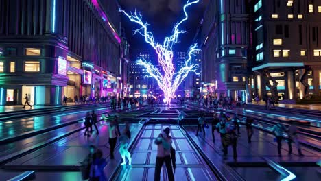 futuristic city at night with lightning storm