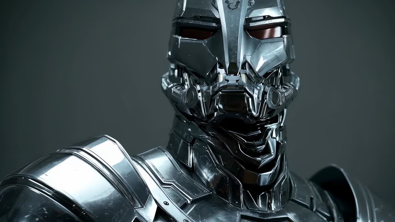 Oddalenie kamery ukazujące metalicznego, opancerzonego humanoida w studio, prezentującego segmentowaną szyję i wizjer