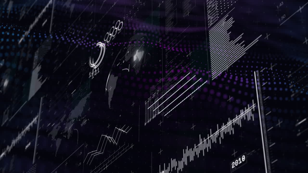 Animation of digital data with graphs and charts on dark background