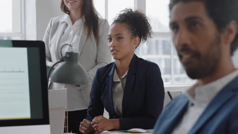 mixed race business woman sharing ideas in office meeting corporate team brainstorming ideas for project in boardroom