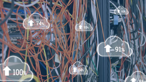 animación de nubes con números crecientes a través de cables y servidores