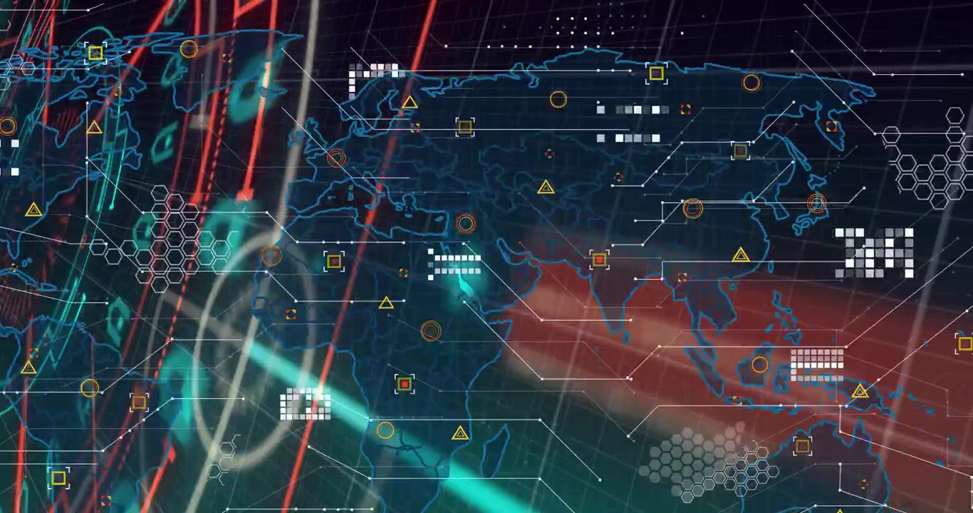 Camera pulling back causing holo world map growing beams sweeping markers filling showing live data