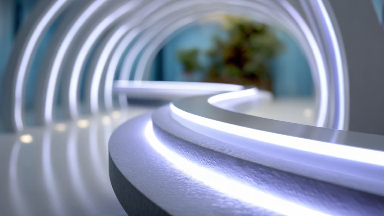 Design d'interni moderno e raffinato caratterizzato da un percorso curvo illuminato in uno spazio contemporaneo con illuminazione soffusa e fogliame decorativo sullo sfondo.