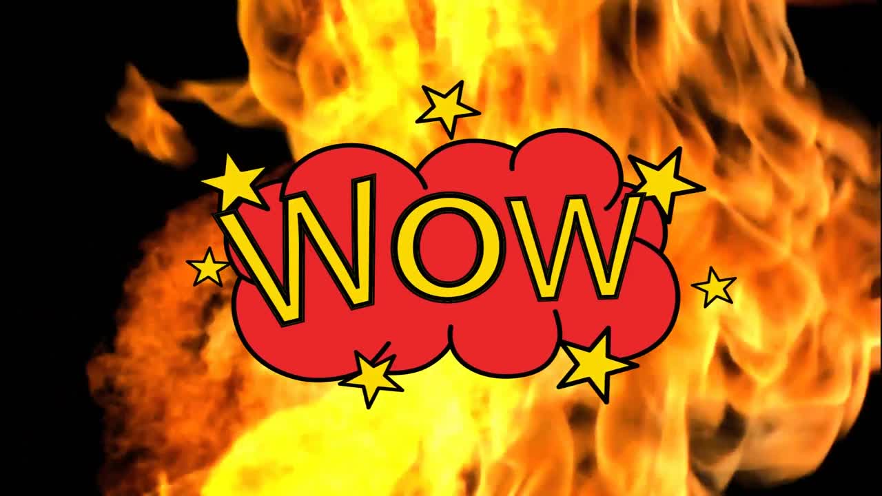 검은 바탕에 불꽃에 대한 레트로 연설 거품에 와우 텍스트