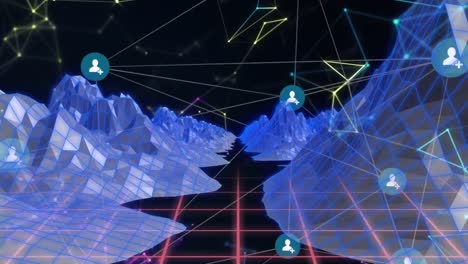 animation of network of connections with icons over digital mountains on black background