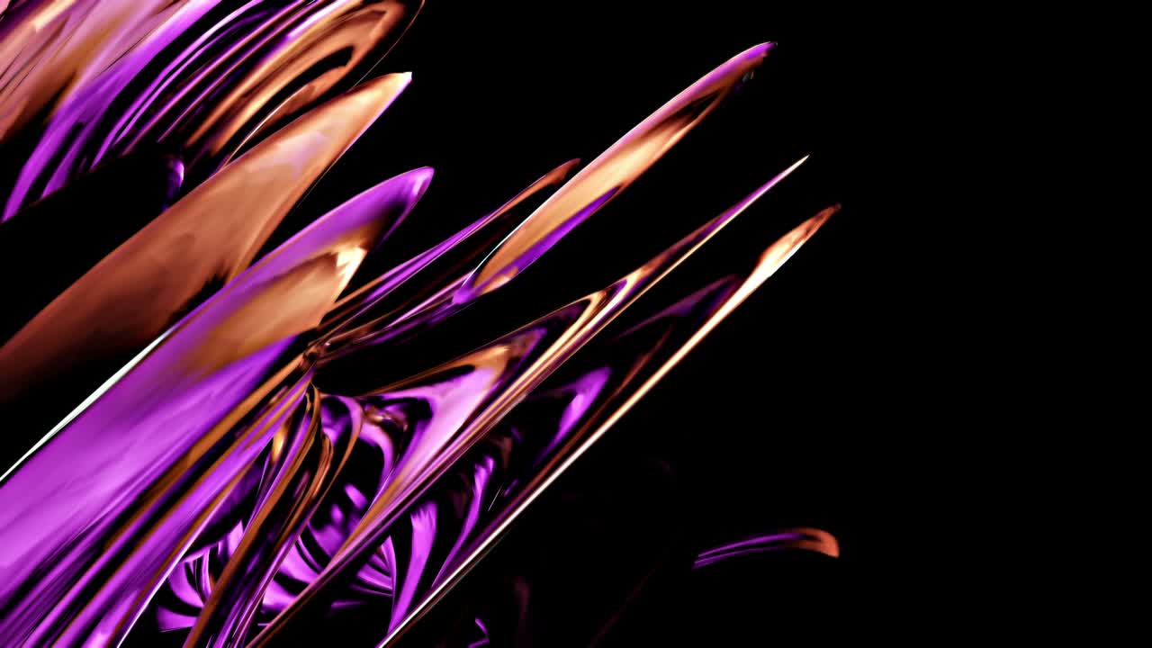 4K 3D rotation loop abstract art with surreal machinery industrial multicolored metallic gear wheel in spiral twisted shape with sharp blades in orange purple gradient color on black background.