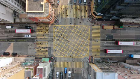 downtown hong kong buildings, crosswalk and traffic, high altitude aerial view