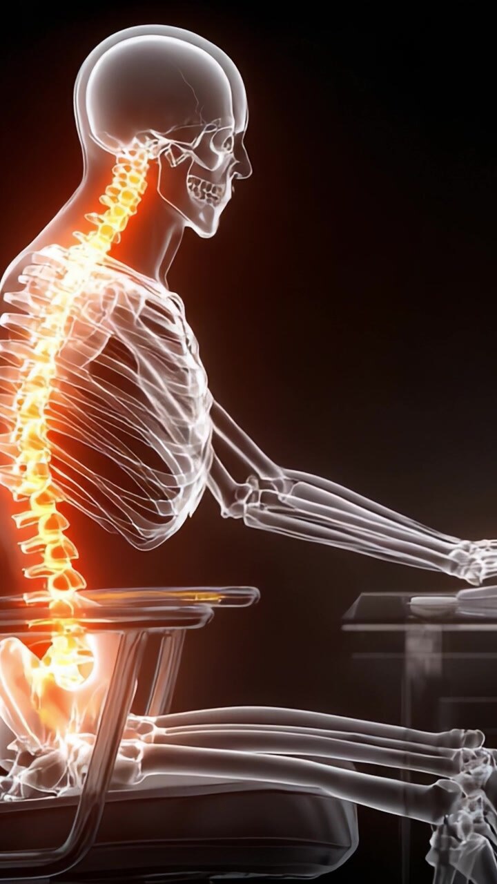 A Detailed View of a Human Skeleton in a Sitting Position, Highlighting Spinal Alignment and Posture While Engaged in Computer Work or Activity