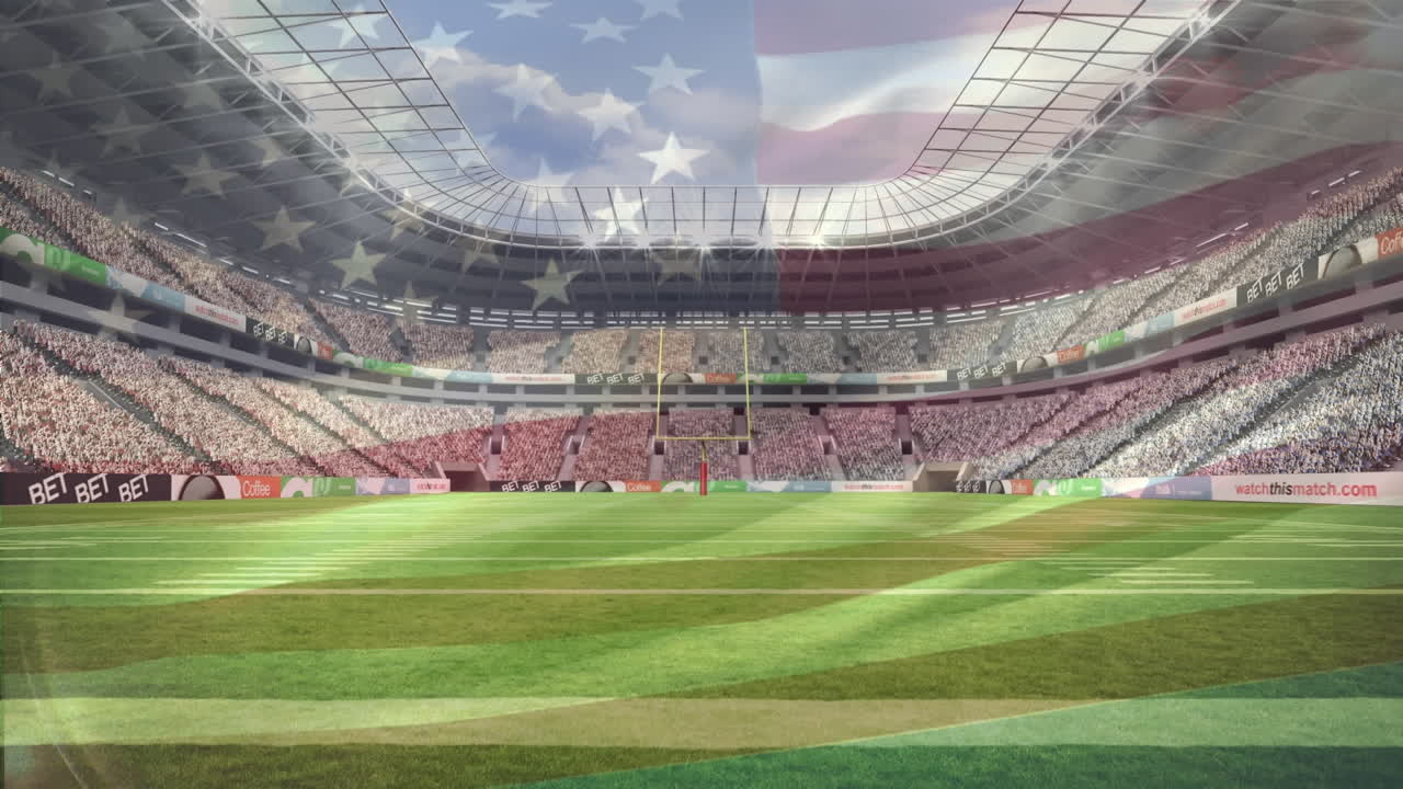 animación de la bandera de los ee.uu. ondeando sobre el estadio deportivo