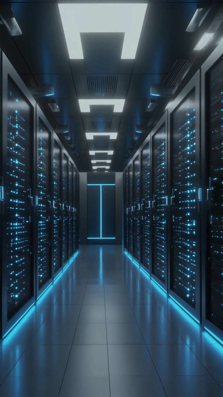 Vista prospettica di un corridoio di una sala server scura fiancheggiato da armadi rack metallici con spie luminose blu