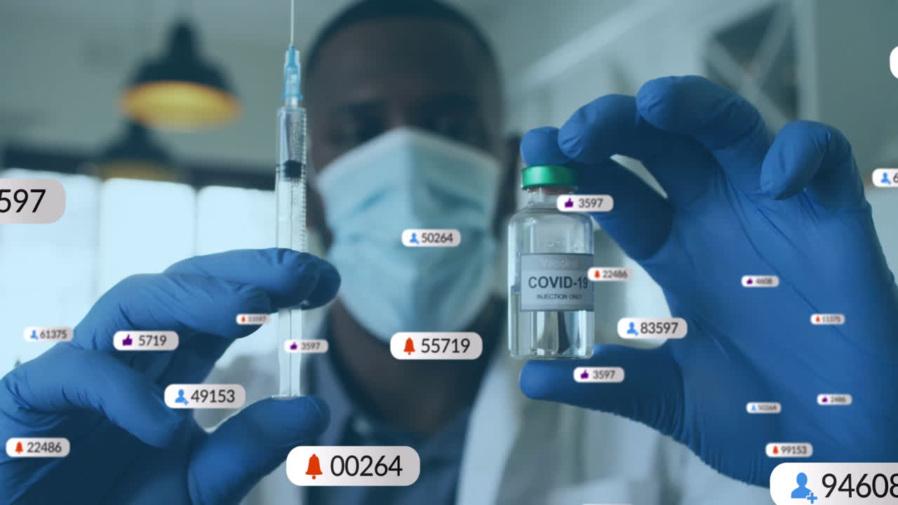 lab tech holding syringe and vaccine vial in lab, displaying floating social media icons