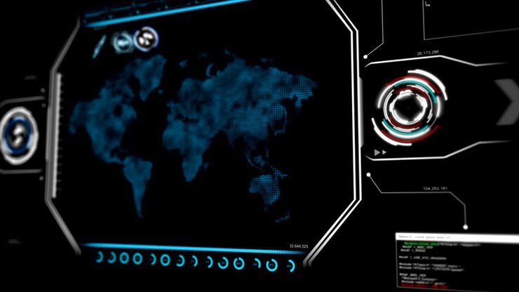 4K Animation UI User Interface with map data HUD pi bar text box table and element on dark abstract background for futuristic technology concept