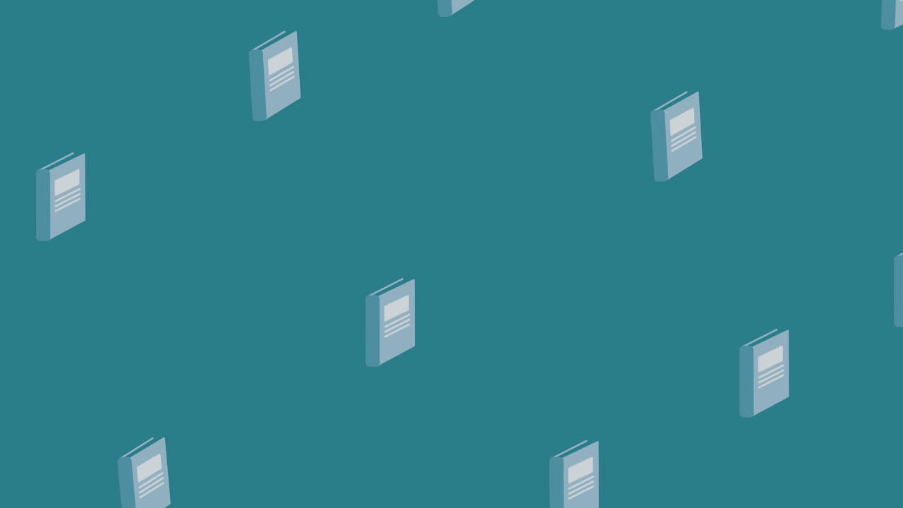 Animation of repeated grey notebooks moving over mid blue background
