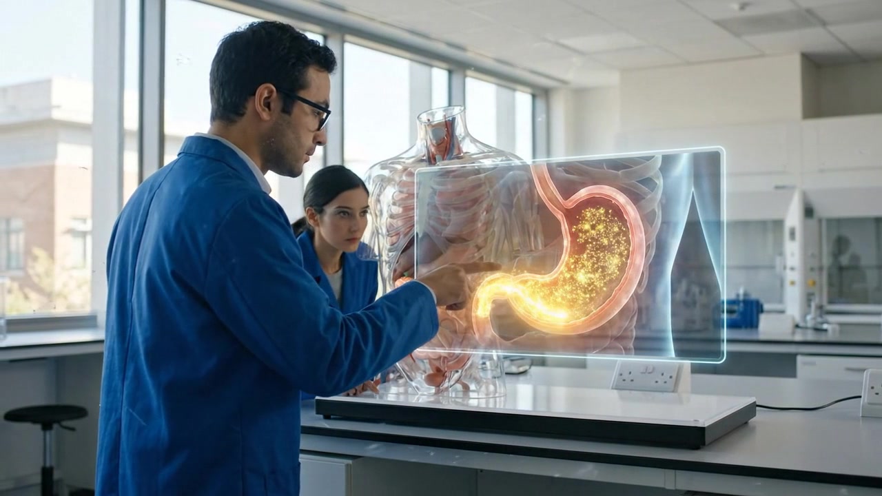 Medical professional examining enlarged stomach visualization on transparent display