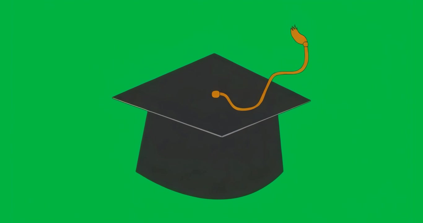 Tocco di laurea centrato su sfondo trasparente con nappa arancione che si muove leggermente.