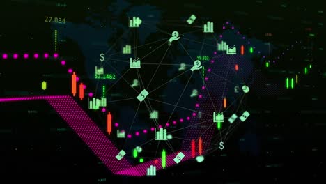 Animación-Del-Procesamiento-De-Datos-Financieros-Con-Iconos-Y-Mapa-Mundial-Sobre-Fondo-Negro