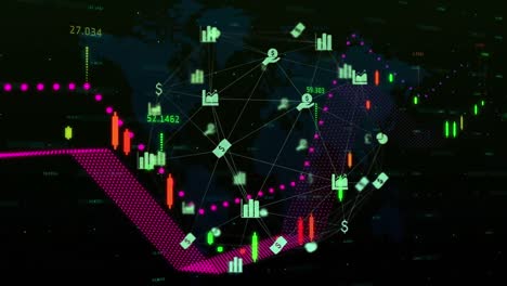animación del procesamiento de datos financieros con iconos y un mapa del mundo sobre fondo negro