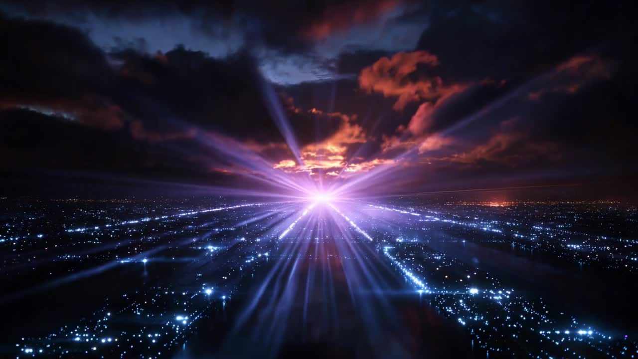 A mesmerizing view of a vibrant light emanating in a dramatic display from the horizon, casting radiant beams across a sprawling cityscape. The scene captures the interplay of lights and clouds at twilight