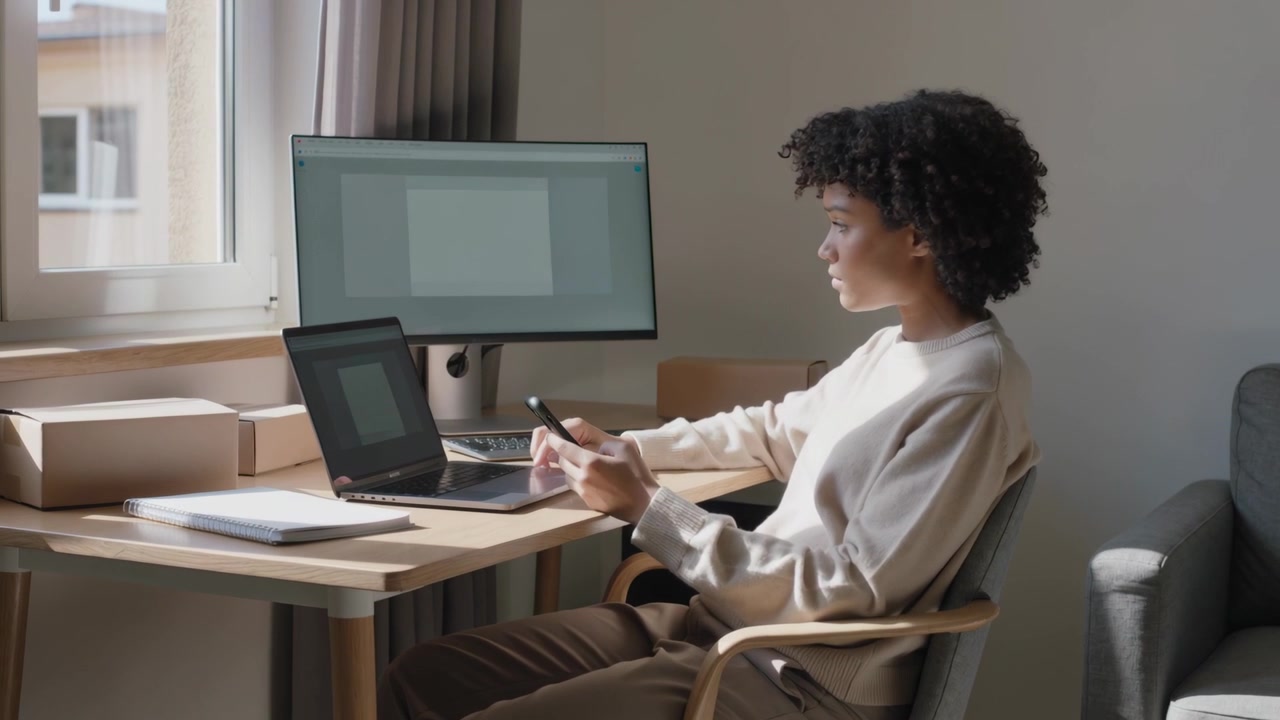 Frau im hellen Pullover blickt auf Monitor, bewegt Telefon zum Laptop für Arbeit, mit Textfreiraum.