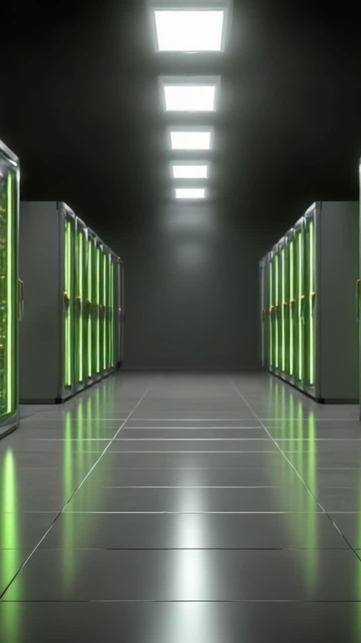 En højteknologisk datacentergang med rækker af oplyste serverrack, der viser avancerede lagrings- og behandlingskapaciteter i et moderne digitalt infrastruktursmiljø