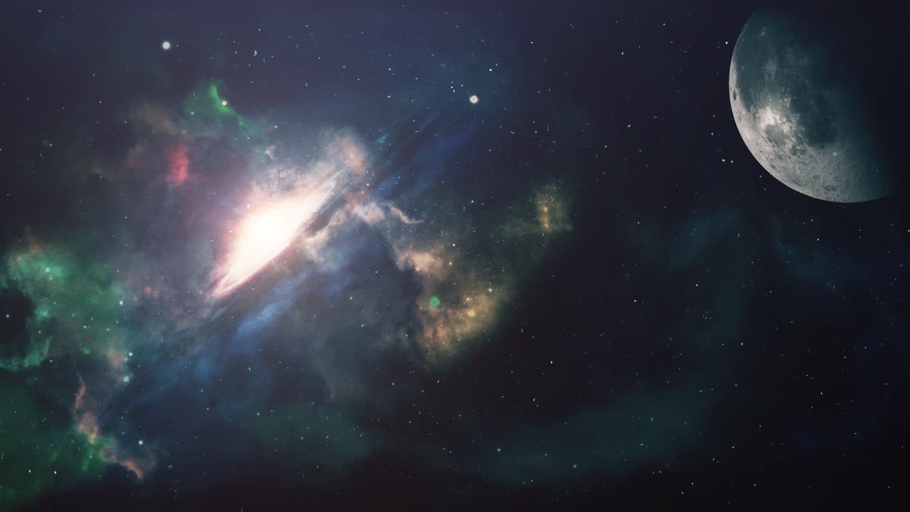 우주의 은하계, 성운 및 행성으로 날아갑니다.