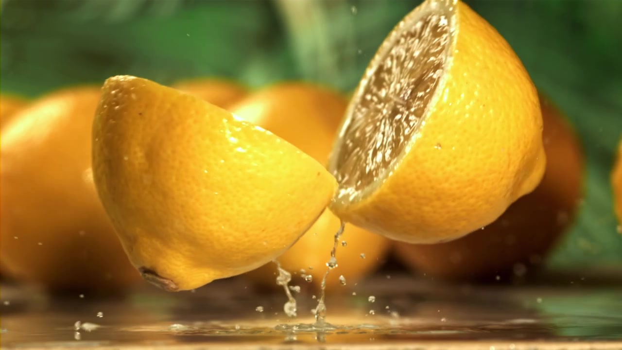 Limone fresco che cade e si divide a metà con schizzi di succo