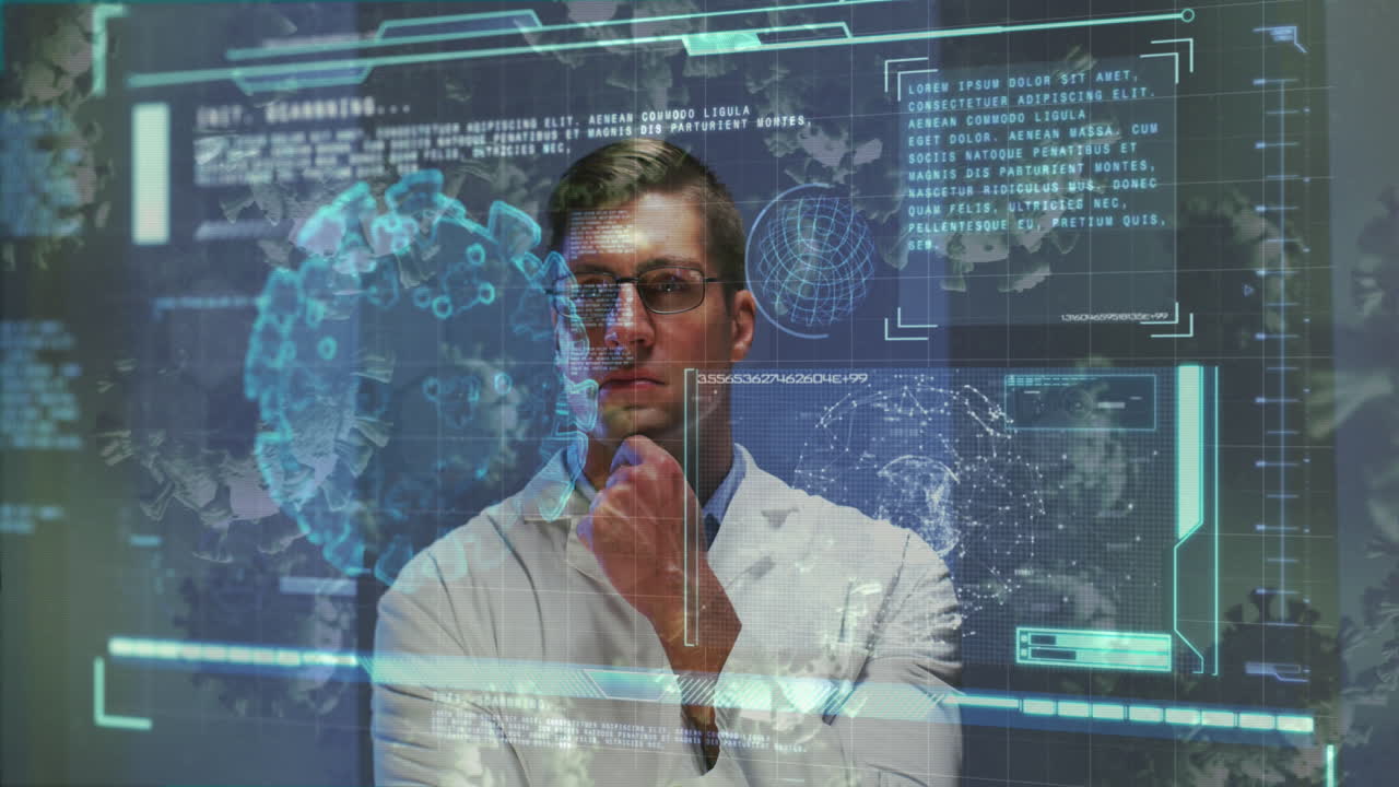 Animation of virus cells and digital interface over male doctor