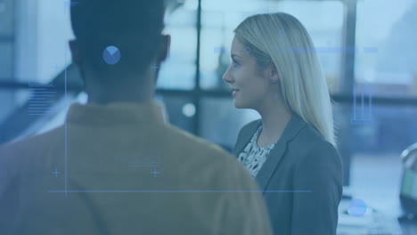 business data visualization animation over diverse professionals in office environment