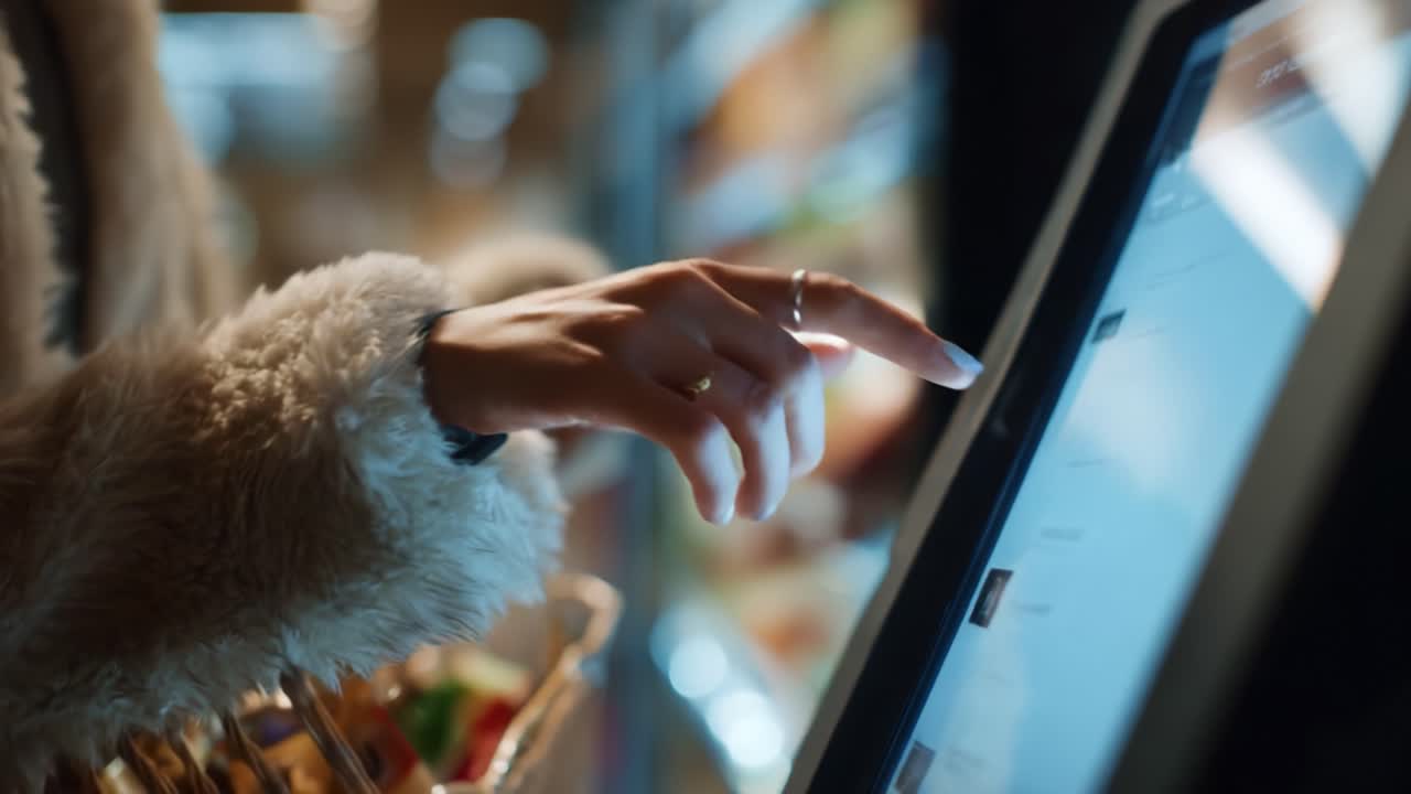 A close-up view of a person's hand interacting with a touchscreen kiosk, showcasing modern technology in a shopping environment as they navigate options with a basket in hand