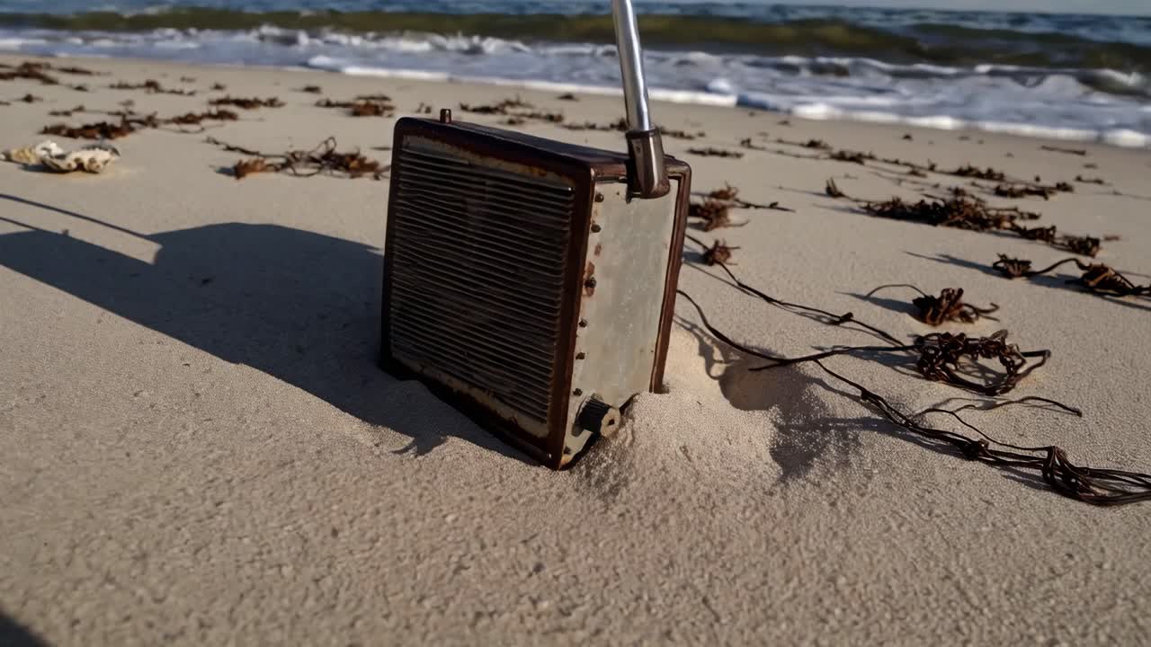 모래 바가에 휴식을 취하고, 산란한 해조류에 둘러싸여, 넓은 은 파란 하늘 아래 해변에 부드러운 바다 파도가 부히고 있는 빈티지 라디오.