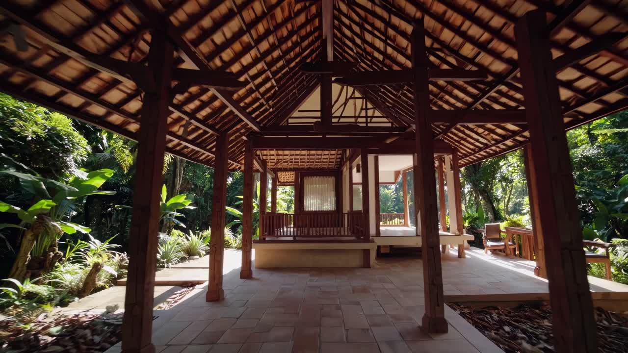 Wooden walkway traversing verdant tropical jungle, leading toward traditional dwelling with tiled flooring, embodying serene architectural harmony