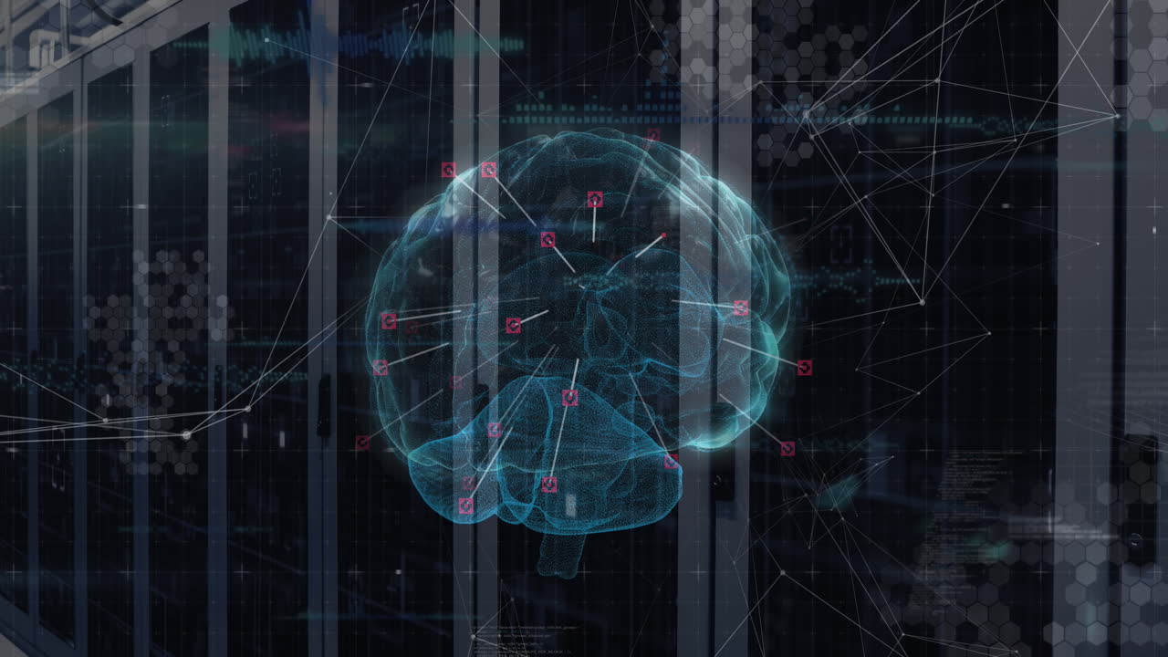 Animation of brain and network of connections over server room