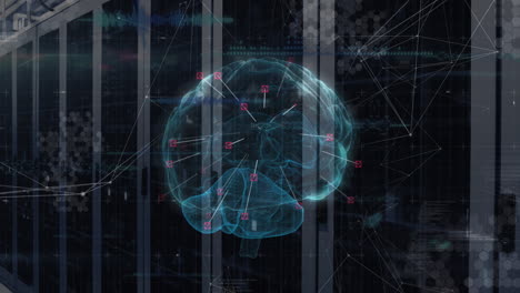 animation of brain and network of connections over server room