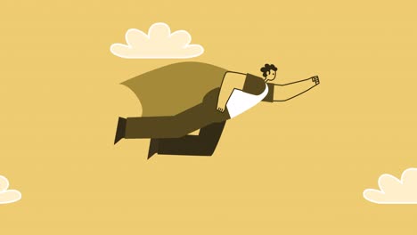 estilo homem amarelo personagem plano super-herói voa para fora do smartphone. animação de loop isolado com canal alfa