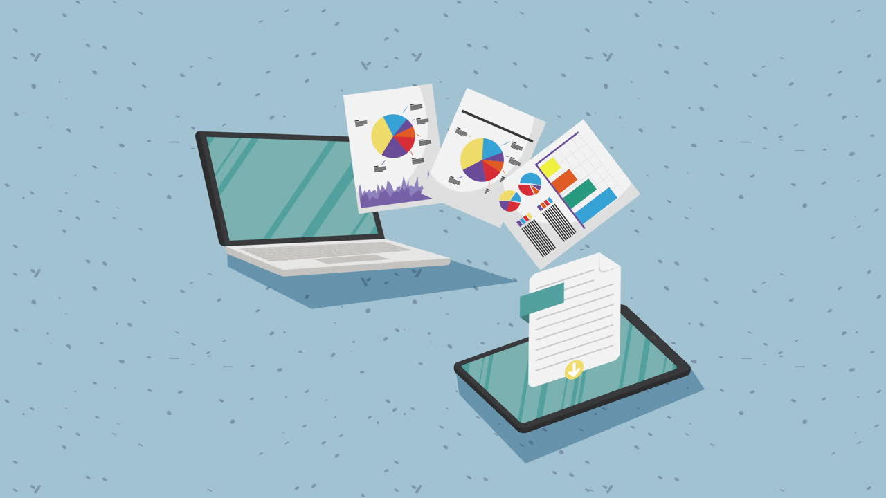laptop device with documents animation
