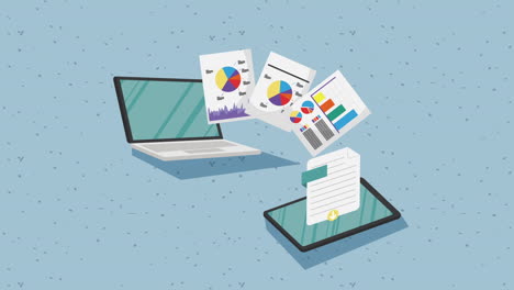 laptop device with documents animation