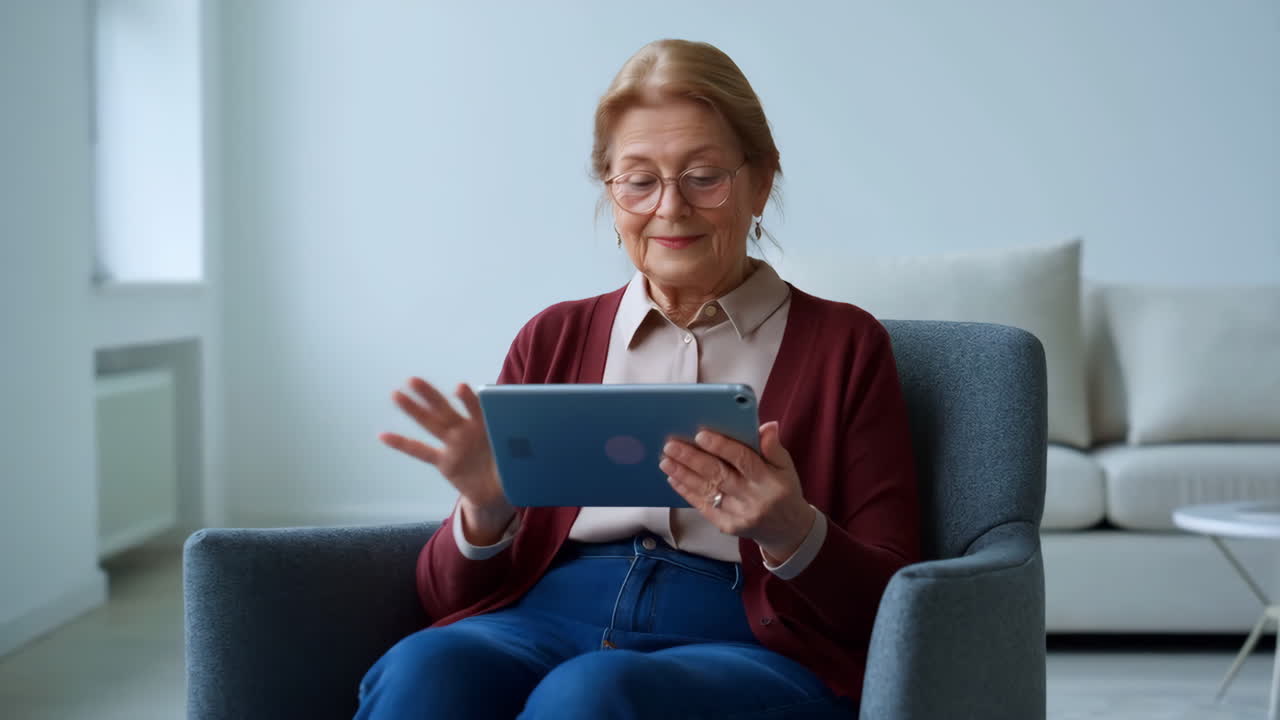 Happy Senior Woman Using Digital Tablet for Video Call at Home
