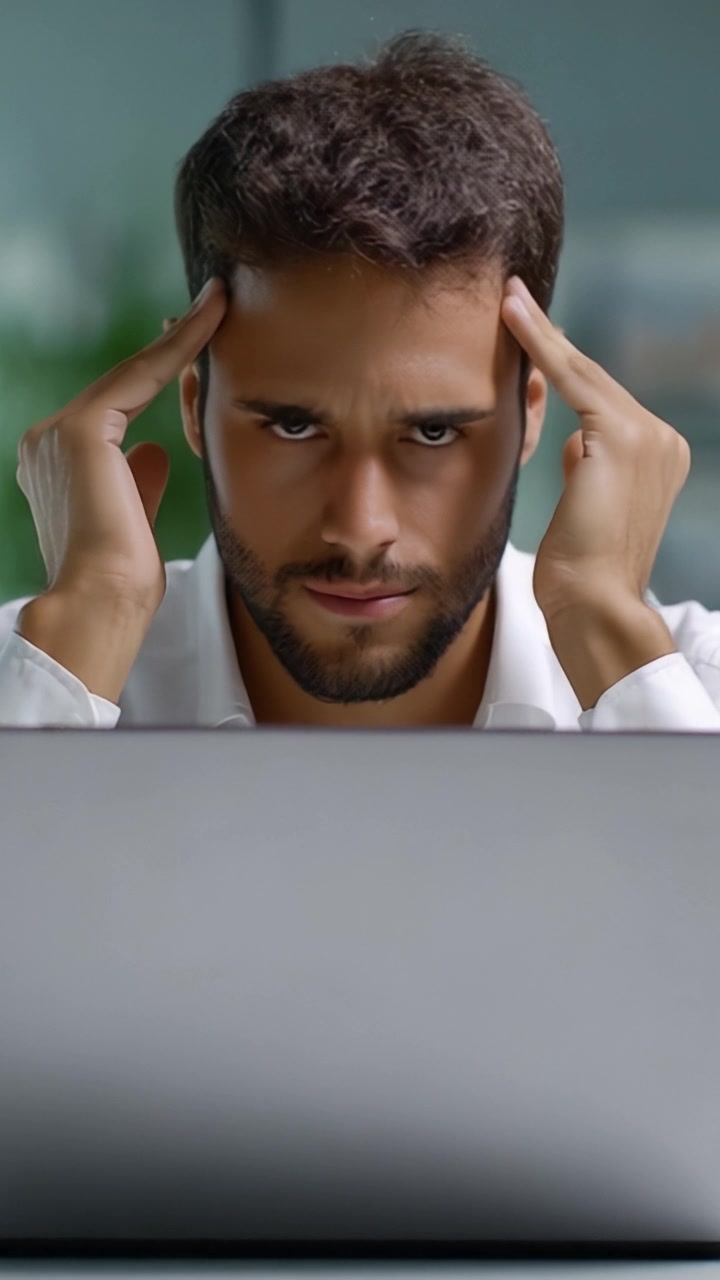 A focused individual expresses deep concentration and mental strain while working on a laptop, illustrating the challenges of modern problem-solving and productivity.