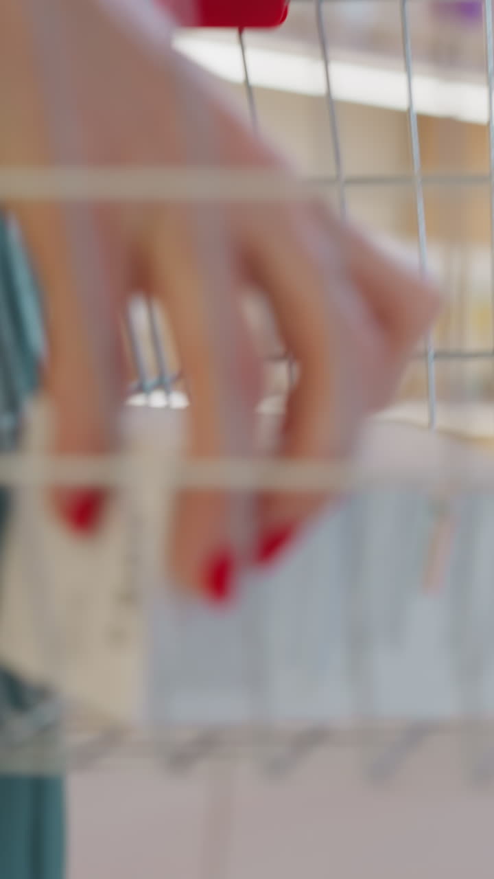 mujer enfocada lee instrucciones para pastillas de suplemento dietético de pie contra el estante. persona femenina pone el producto en la canasta de compras de cerca en cámara lenta