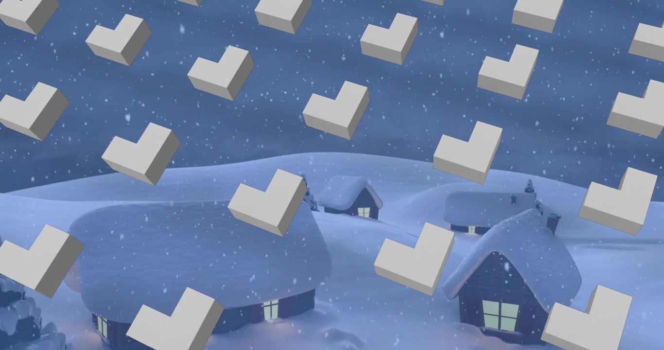抽象的な図形パターンの列と、冬の景色にクリスマス雪が降り積もるアニメーション。