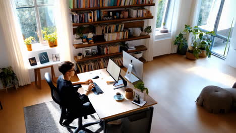 overhead view of a person working on a computer in a modern home office with a large bookshelf