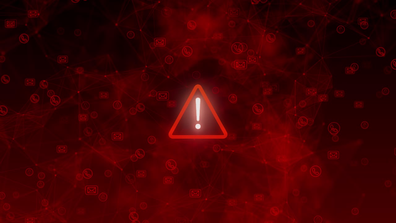 Glowing red interface floating phone email lock icons alert symbol indicating threat error across