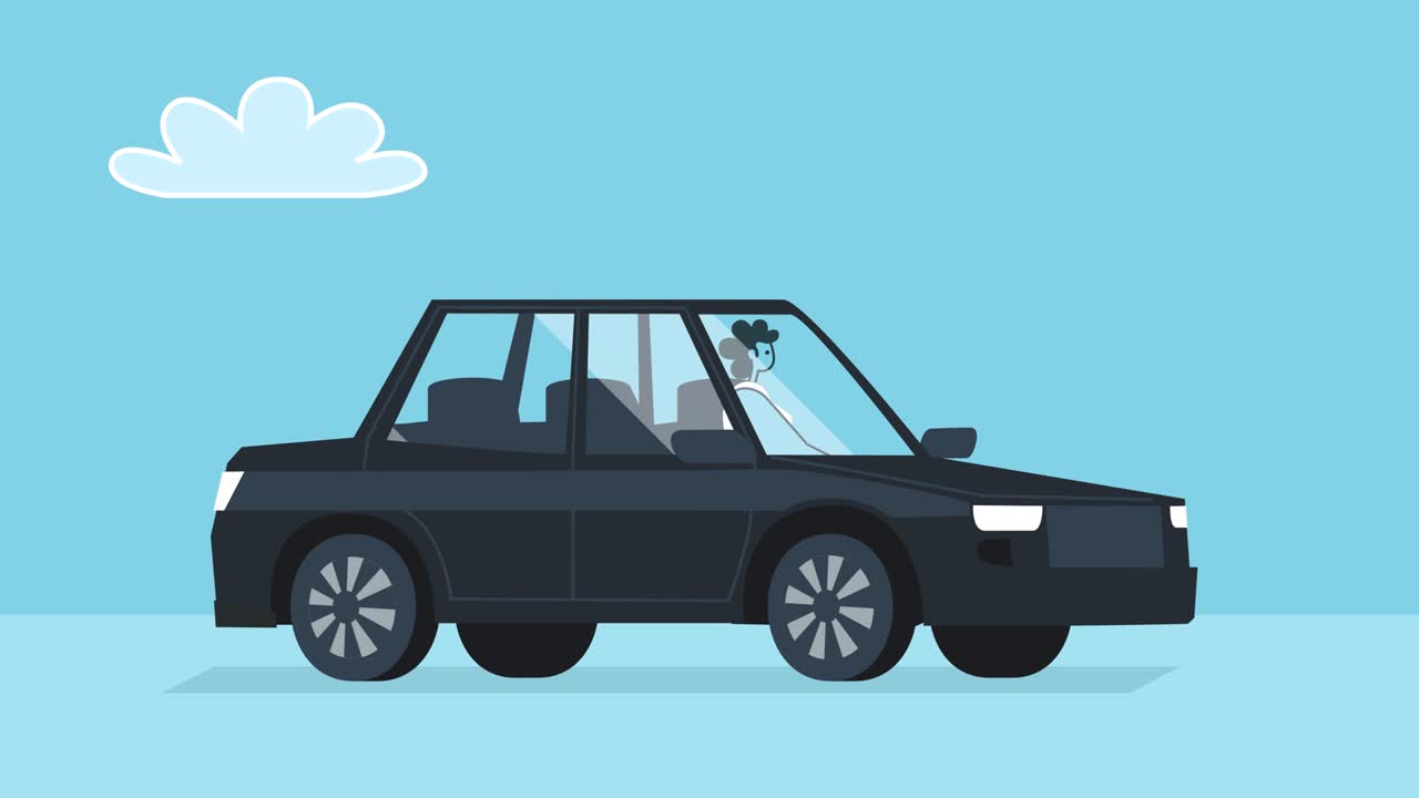 mujer viaja en coche negro. coche de dibujos animados de diseño plano y personaje aislado bucle animación 2d